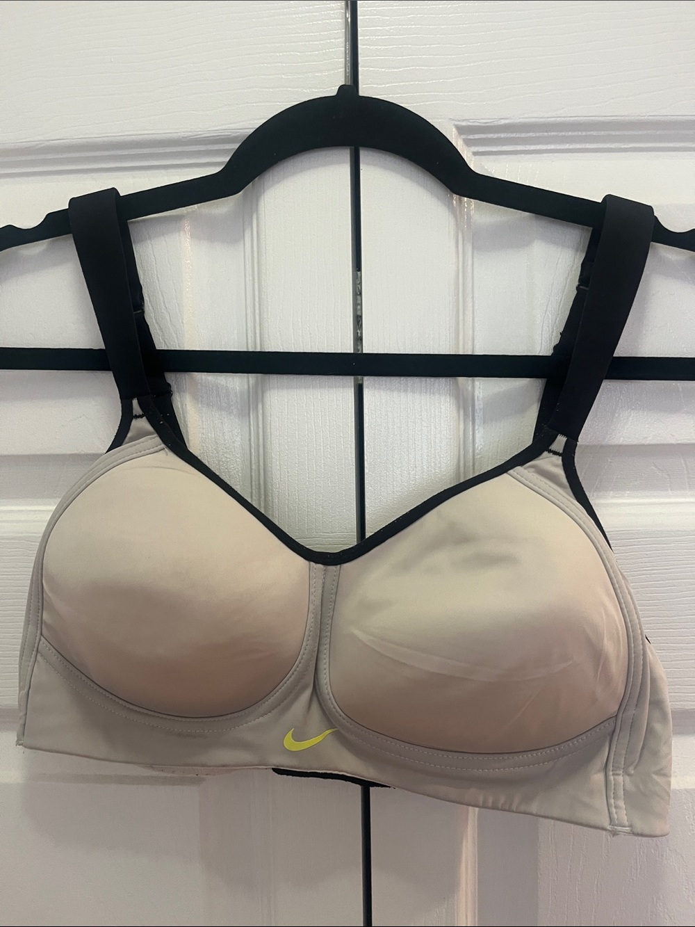 Nike Beige and Black Padded Sports Bra with Neon Swoosh